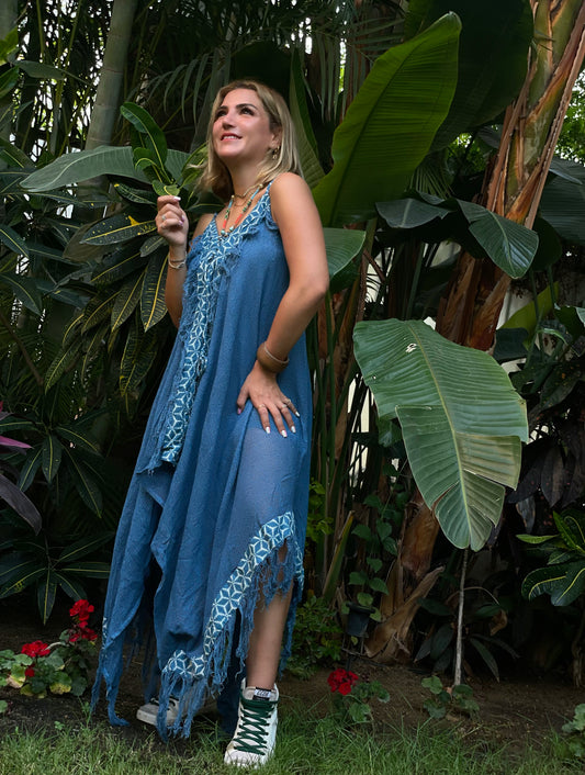 WHISPERING WINDS BOHO DRESS - BLUE